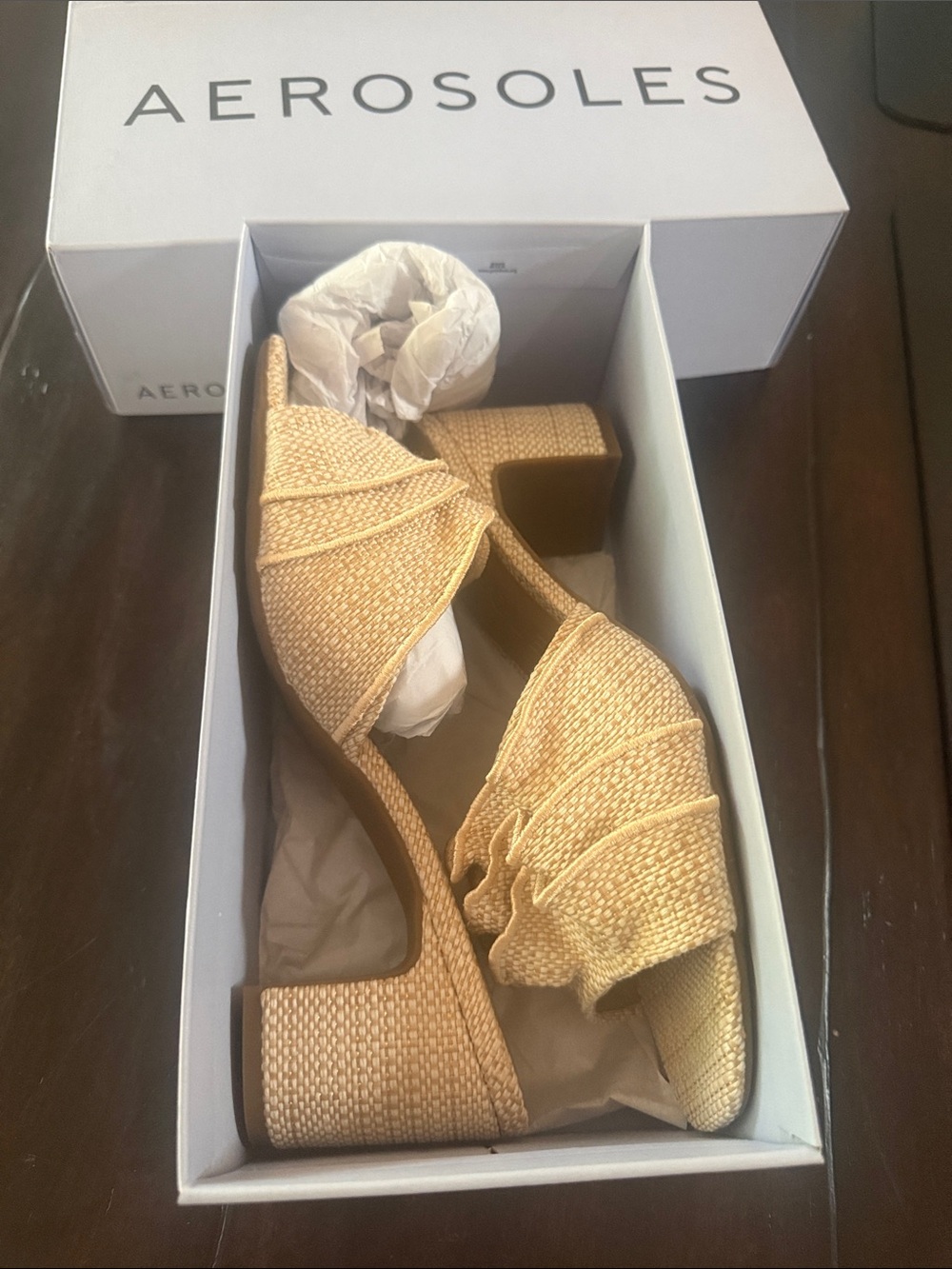 AEROSOLES Natural Rafia Woven Block Heel Slide Sandals